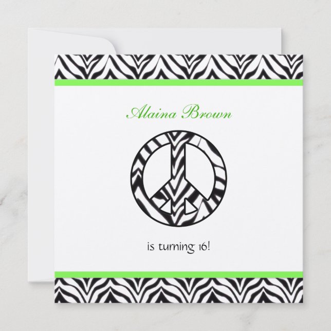 Invitation Zebra Print Peace Sign Anniversaire Fête Invitatio (Devant)