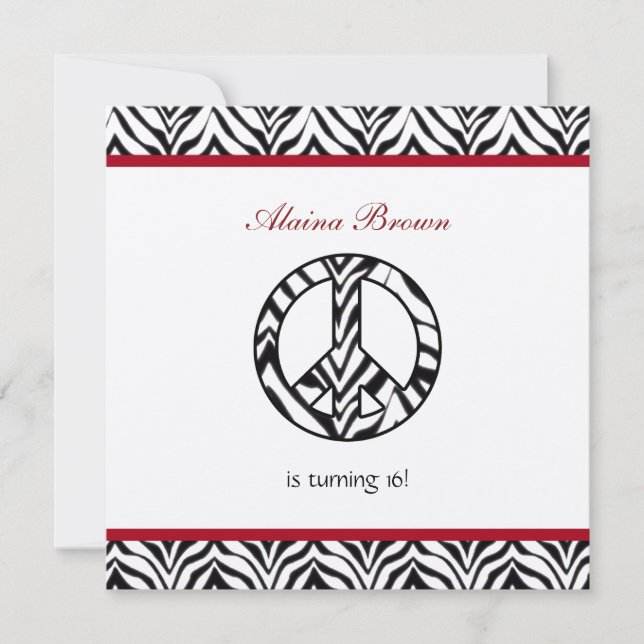 Invitation Zebra Print Peace Sign Anniversaire Fête Invitatio (Devant)