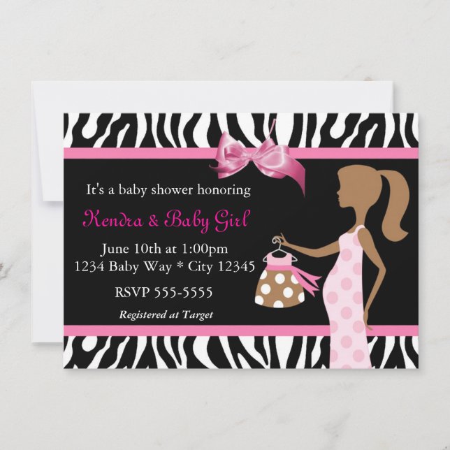 Invitation Zebra Print & Pink Bow Mod Maman Baby Girl Douche (Devant)