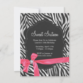 Invitation Zebra Print Pink Ribbon & Diamond