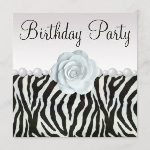 Invitation Zebra Print & Printing Pearls & Rose Birthday Part