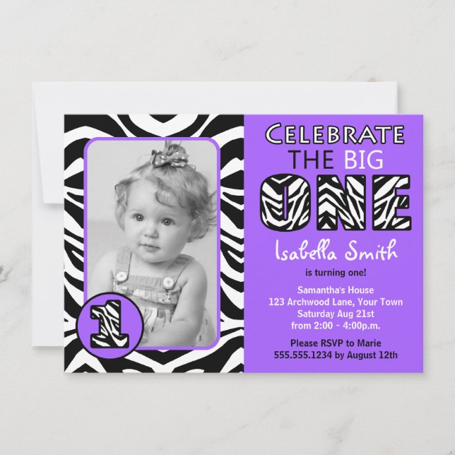 Invitation Zebra Print Purple Girls Premier Anniversaire (Devant)