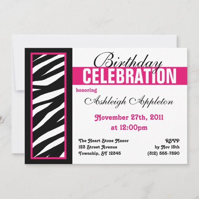 Invitation Zebra Print Side Fuchsia Anniversaire Fête Invitat (Devant)