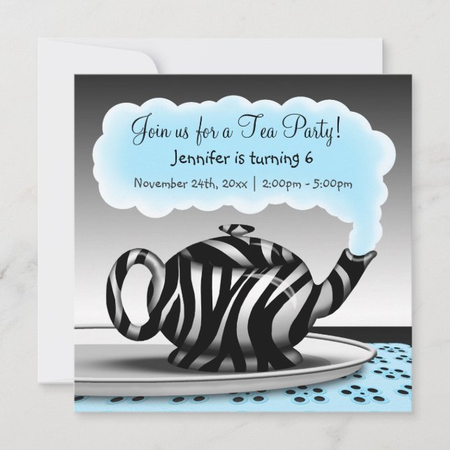 Invitation Zebra Print Teapot Tea Party Anniversaire Invitati (Devant)