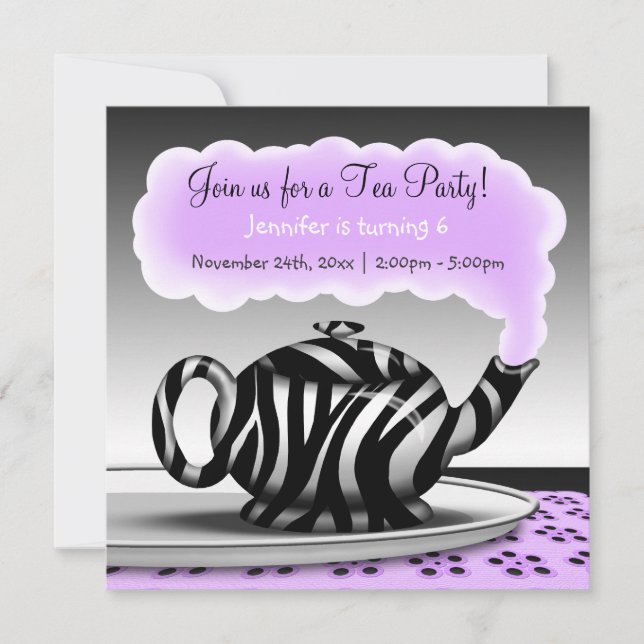 Invitation Zebra Print Teapot Tea Party Anniversaire Invitati (Devant)