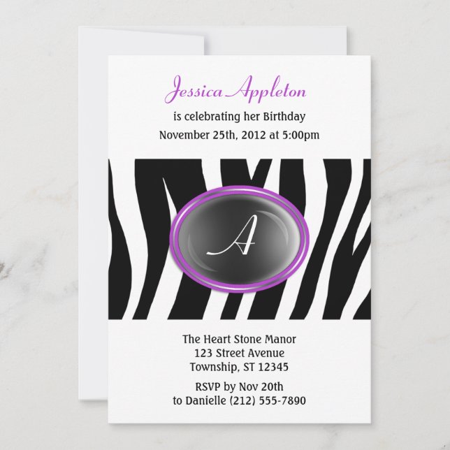 Invitation Zebra Print violet verre Monogramme Anniversaire (Devant)
