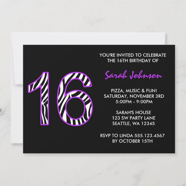 Invitation Zebra Purple and Black Sweet 16 Anniversaire (Devant)