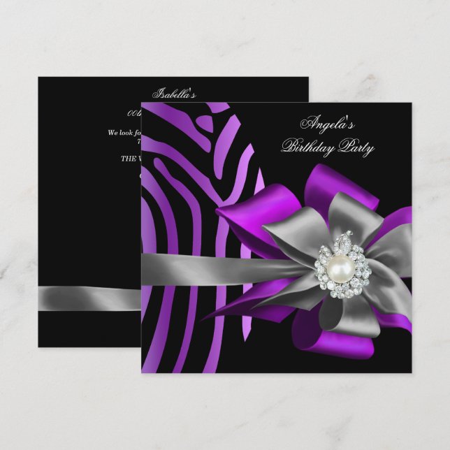 Invitation Zebra Purple Black Argent Bow Pearl Anniversaire 2 (Devant / Derrière)
