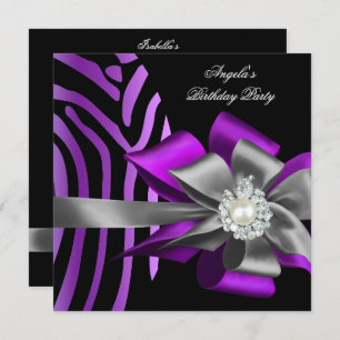 Invitation Zebra Purple Black Argent Bow Pearl Anniversaire 2