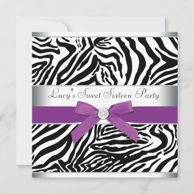 Invitation Zebra Purple Bow Purple Zebra Sweet 16 Anniversair (Devant)