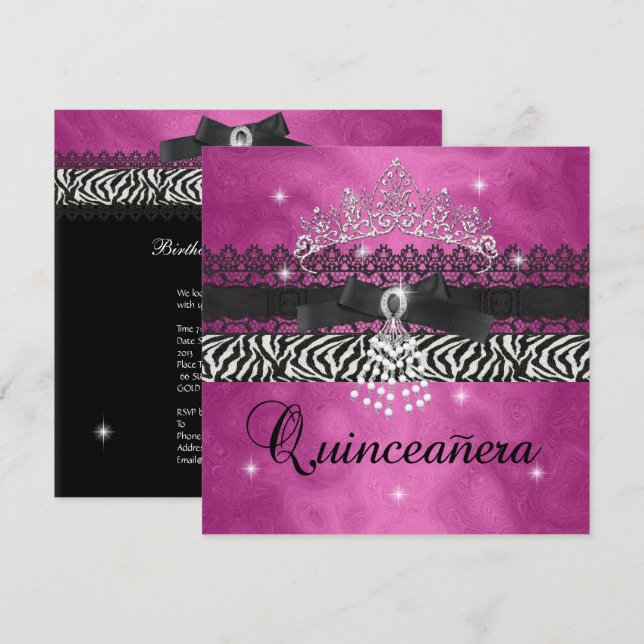 Invitation Zebra Quinceanera 15e anniversaire fête rose Noir (Devant / Derrière)
