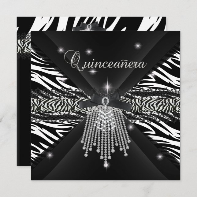 Invitation Zebra Quinceanera 15e Blanche Black Zebra Lace 3 (Devant / Derrière)