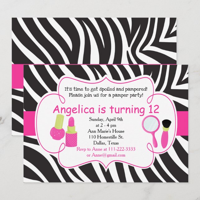 Invitation Zebra rayé Anniversaire Pamper Party Slepover (Devant / Derrière)