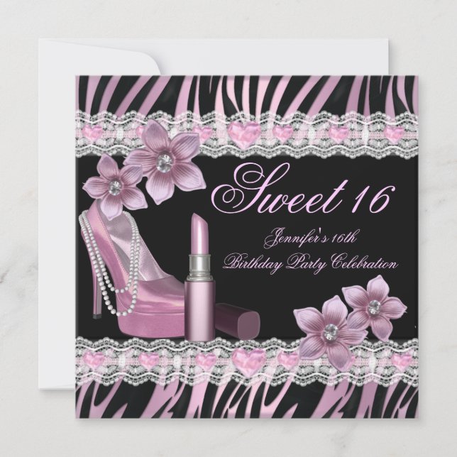 Invitation Zebra rose noir Sweet sixteen 16 Party Lipstick (Devant)
