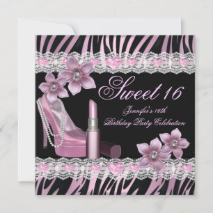Invitation Zebra rose noir Sweet sixteen 16 Party Lipstick