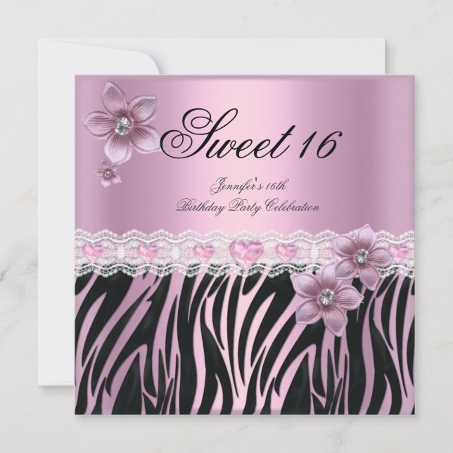 Invitation Zebra rose noir Sweet sixteen doux 16 PARTY (Devant)