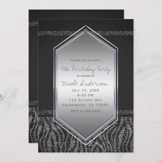 Invitation Zebra Silver Grey Glam Anniversaire Tous les événe (Devant / Derrière)