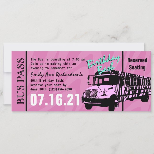 Invitation Zebra Stripe Bus Pass Fête d'anniversaire (Devant)