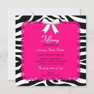 Invitation Zebra Stripes avec Hot Rose Lace Sweet 16 Annivers