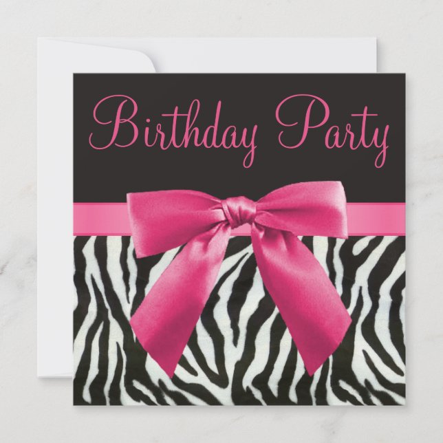 Invitation Zebra Stripes & Printing Pink Bow Birthday Party (Devant)