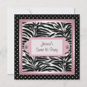 Invitation Zebra Sweet 16 Anniversaire de Black White Pink
