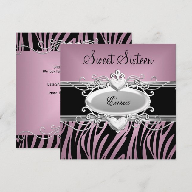 Invitation Zebra Sweet sixteen 16 Party Argent rose Noir (Devant / Derrière)