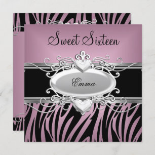Invitation Zebra Sweet sixteen 16 Party Argent rose Noir