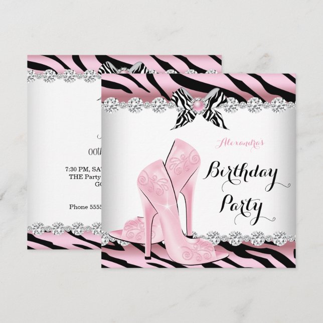 Invitation Zebra Talons Rose Glamour Fête d'anniversaire 2 (Devant / Derrière)