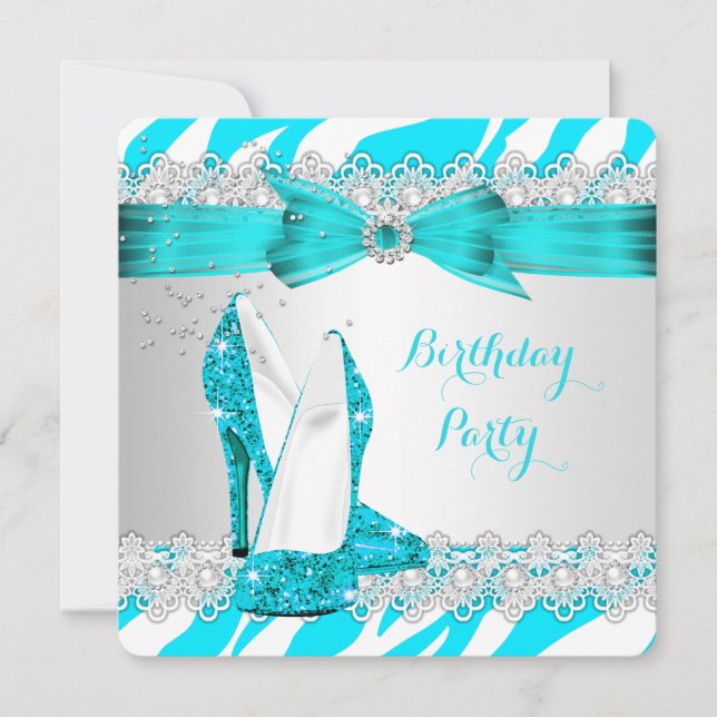 Invitation Zebra Turquoise Bleu Haut talon Lace Pearl Anniver (Devant)