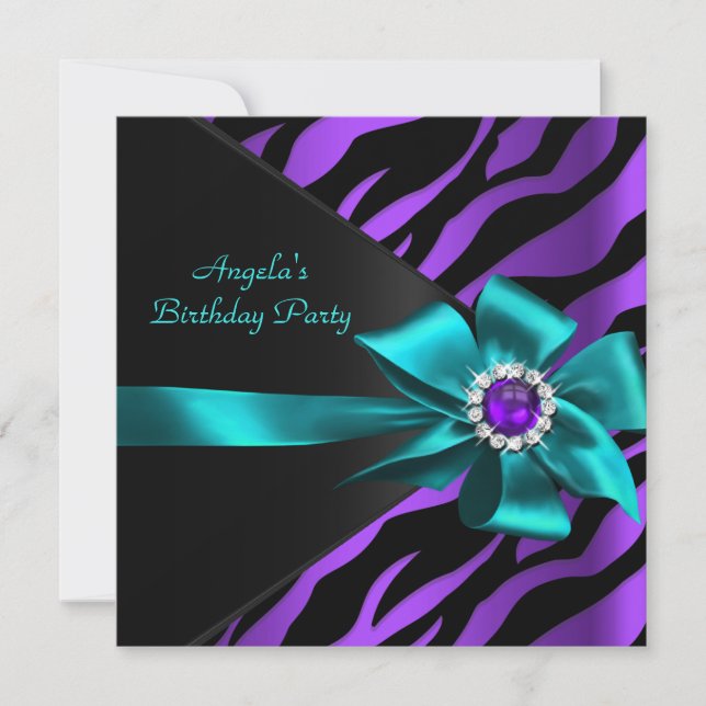 Invitation Zebra violet Turquoise fête d'anniversaire bleu no (Devant)