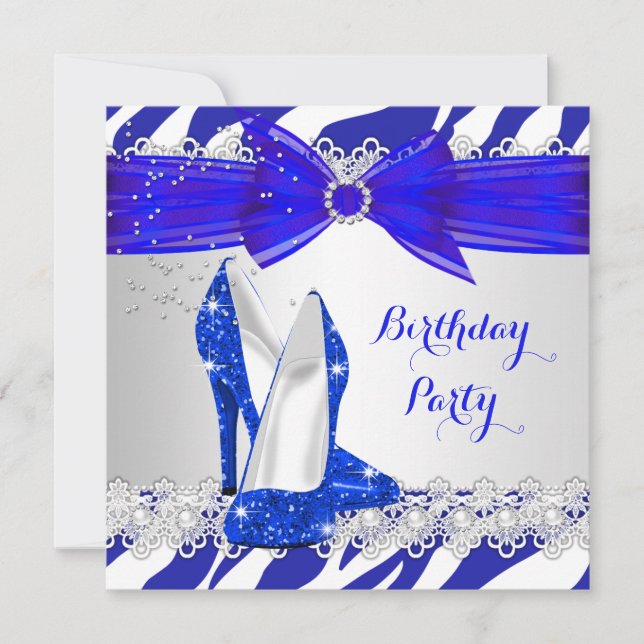 Invitation Zèbre Bleu Blanc Talon Bleu Dentelle Perle Anniver (Devant)