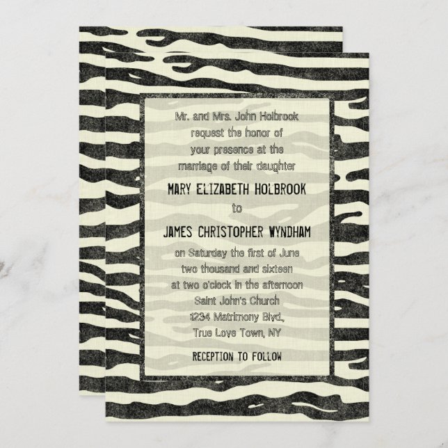 Invitation Zèbre Imprimer Noir Beige Elégant Mariage Vintage (Devant / Derrière)