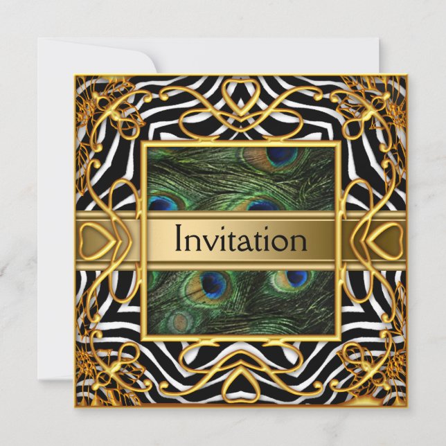 Invitation Zèbre Paon Doré pour Toute Réception (Devant)