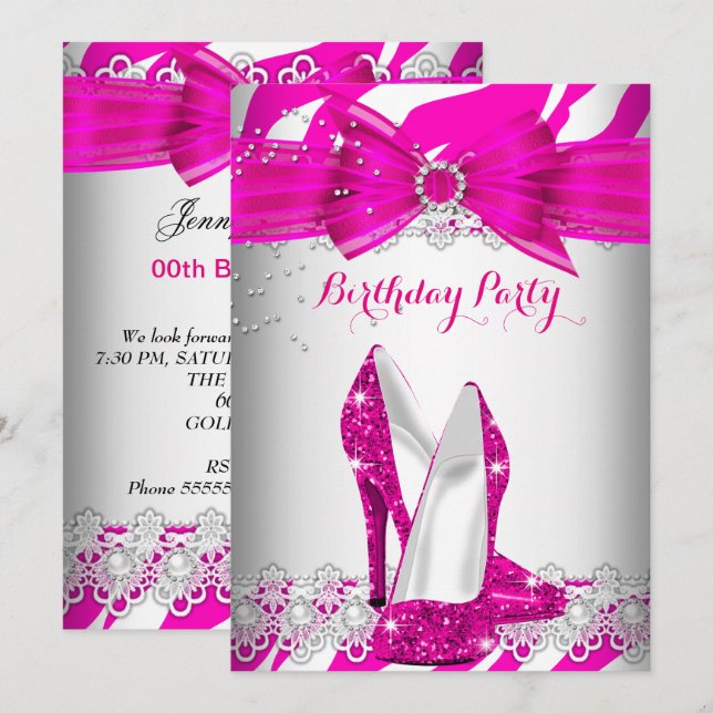 Invitation Zèbre Rose Chaud Talons Hauts Dentelle Perle Fête  (Devant / Derrière)