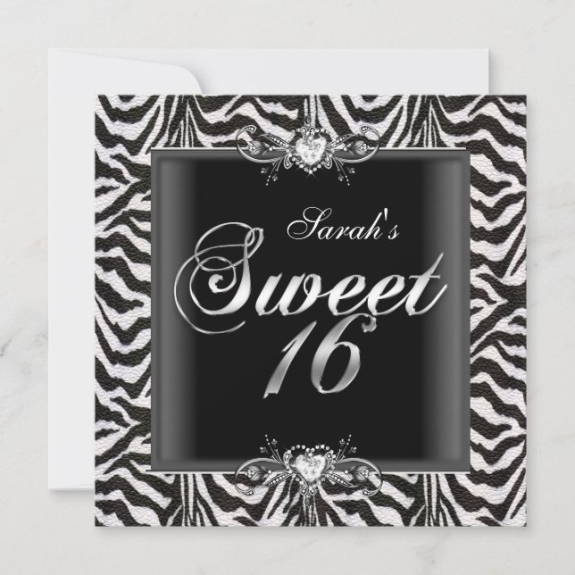 Invitation Zèbre Sweet sixteen 16 Anniversaire Noir Blanc (Devant)