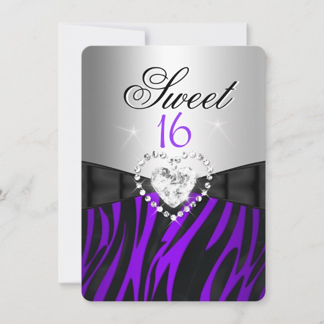 Invitation Zèbre Violet Argent Douze Ans Anniversaire Seize A (Devant)