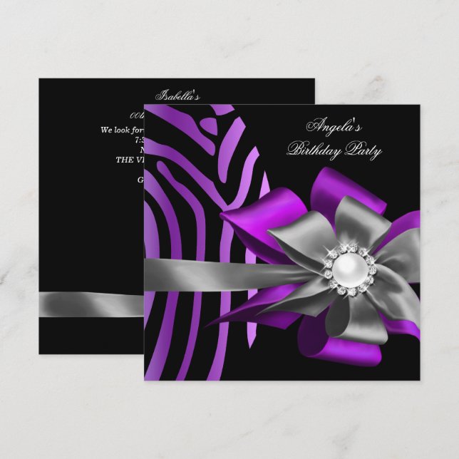 Invitation Zèbre Violet Noir Argent Arc Perle Anniversaire (Devant / Derrière)
