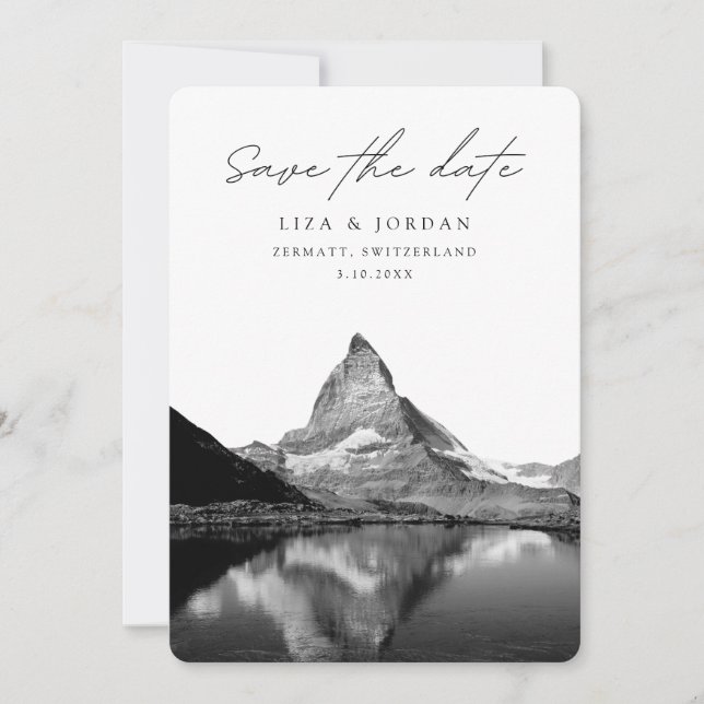 Invitation Zermatt Enregistrer la date Suisse Noir & Blanc (Devant)