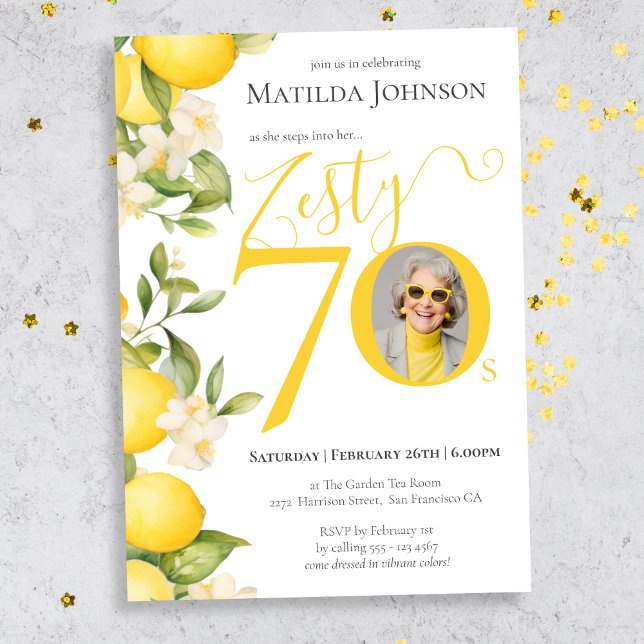 Invitation Zesty Lemon Photo Fun 70th Birthday Party (Mockup View)