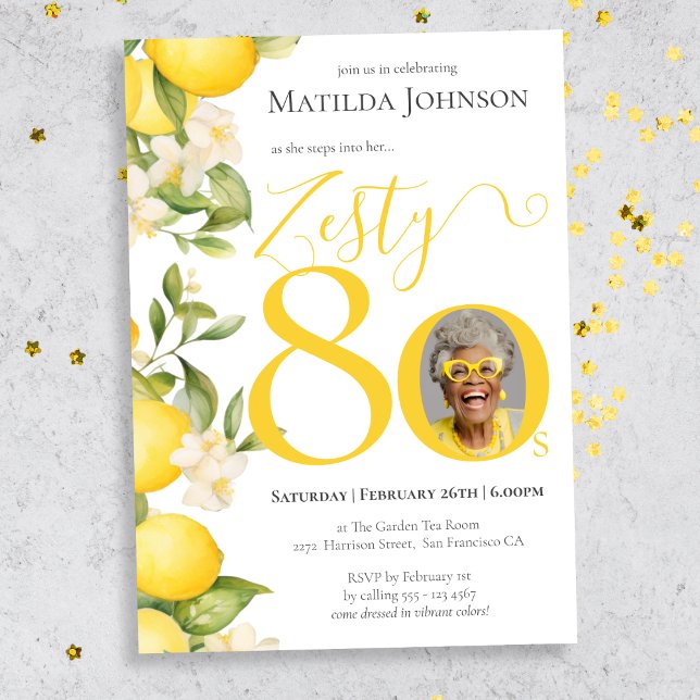 Invitation Zesty Lemon Photo Fun 80th Birthday Party (Mockup View)