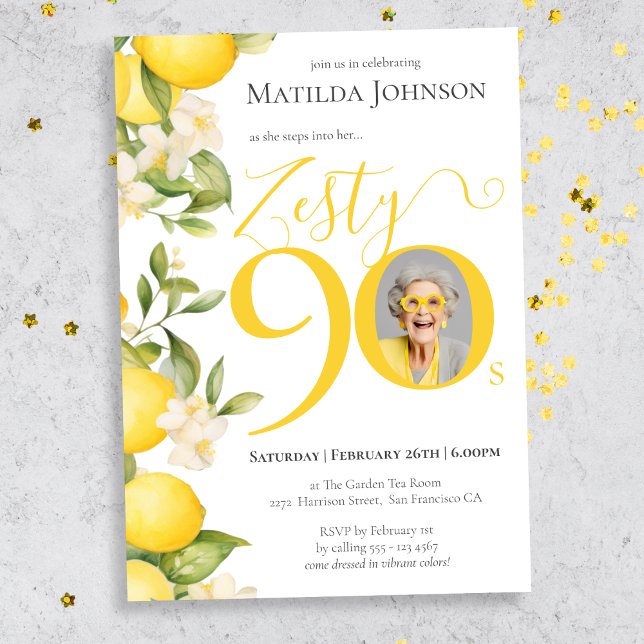 Invitation Zesty Lemon Photo Fun 90th Birthday Party (Mockup View)