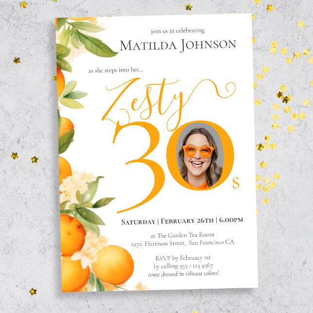 Invitation Zesty Orange Photo 30th Birthday Party (Mockup View)