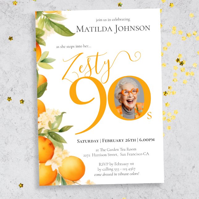 Invitation Zesty Orange Photo 90th Birthday Party (Mockup View)