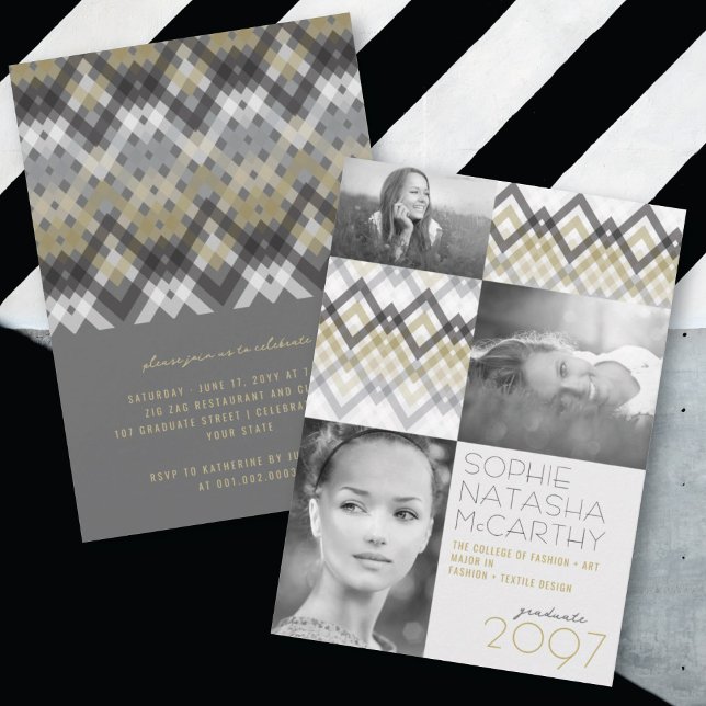 Invitation Zig Zag Checks Motif 3 Photo Graduation Party (Créateur téléchargé)