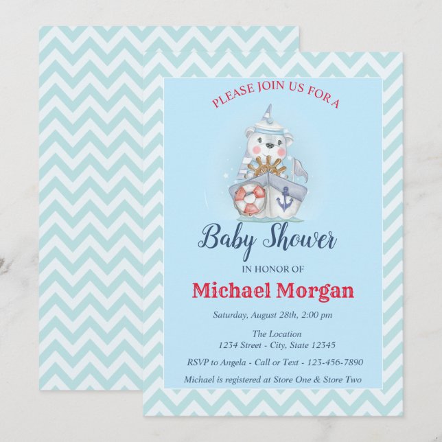 Invitation Zigzag, Marin, Ohé C'est un GARÇON Baby Shower (Devant / Derrière)