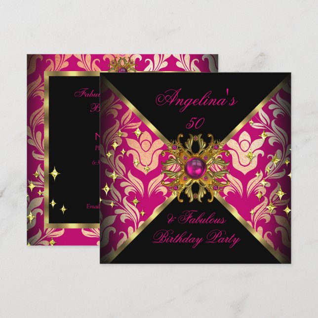 Invitation ZIZZAGO DESIGN Fabuleux 50 Or Rose Damas Party (Devant / Derrière)