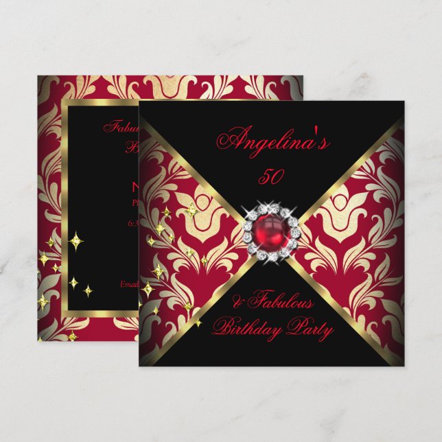 Invitation ZIZZAGO DESIGN Fabuleux 50 Or Rouge Damassé Fête (Devant / Derrière)