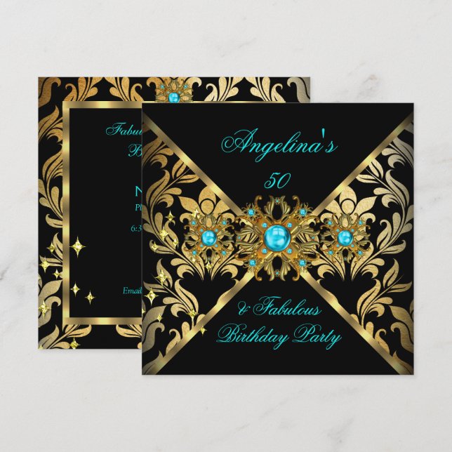 Invitation ZIZZAGO DESIGN Fabulous Turquoise Gold Black Damas (Devant / Derrière)