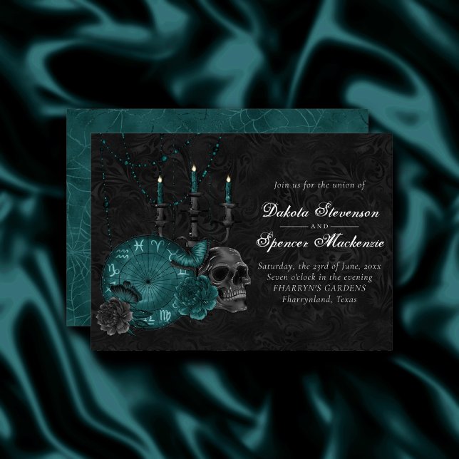 Invitation Zodiac Magie | Turquoise foncé vert crâne gothique (Créateur téléchargé)