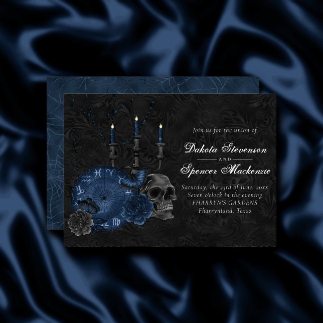 Invitation Zodiaque magic | Dark Navy Blue Gothic Skull (Créateur téléchargé)